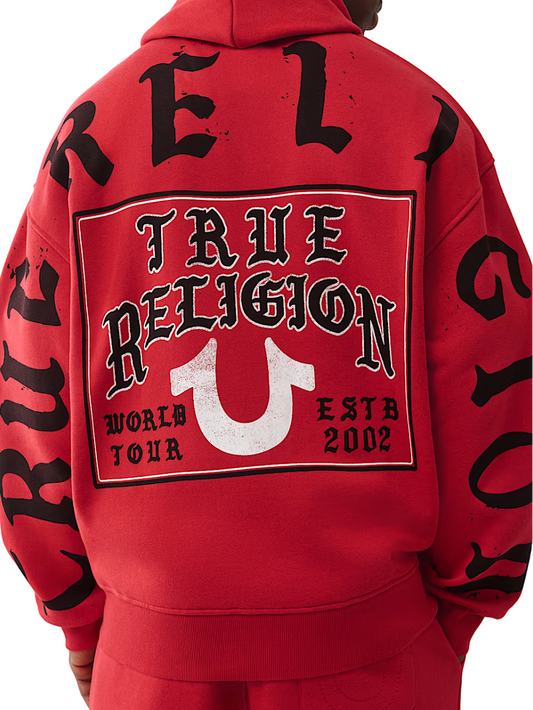 Red hoodie with 'True Religion' branding on the back