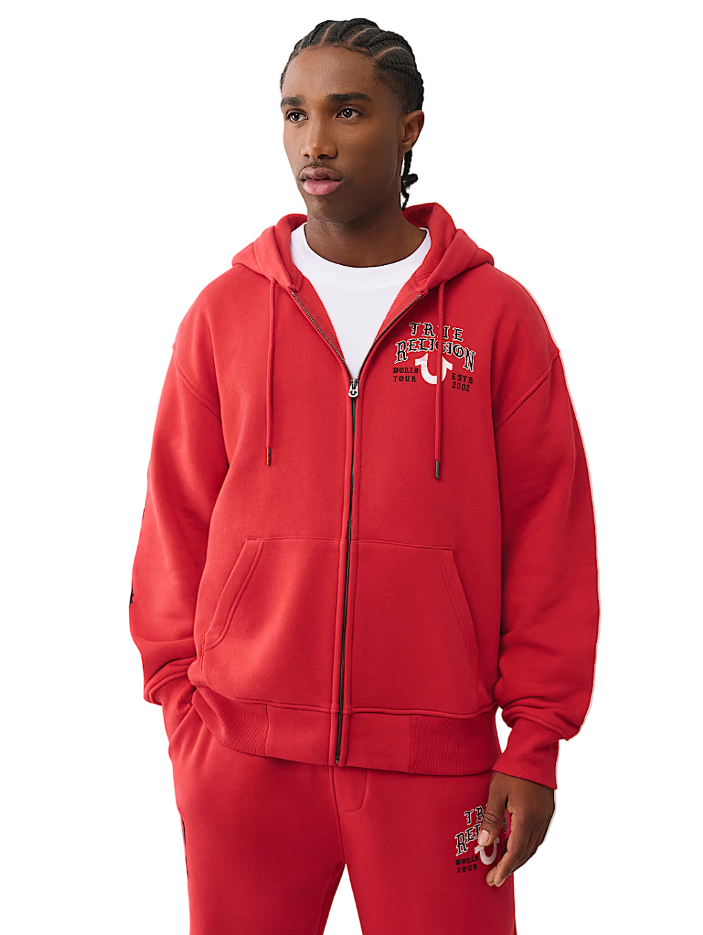 Person wearing a red hoodie with text and graphics on a white background