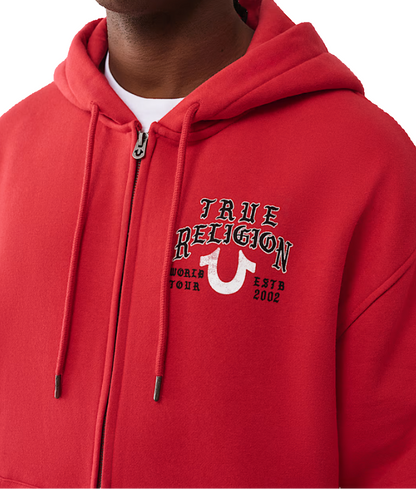 Red hoodie with 'True Religion' logo on a white background