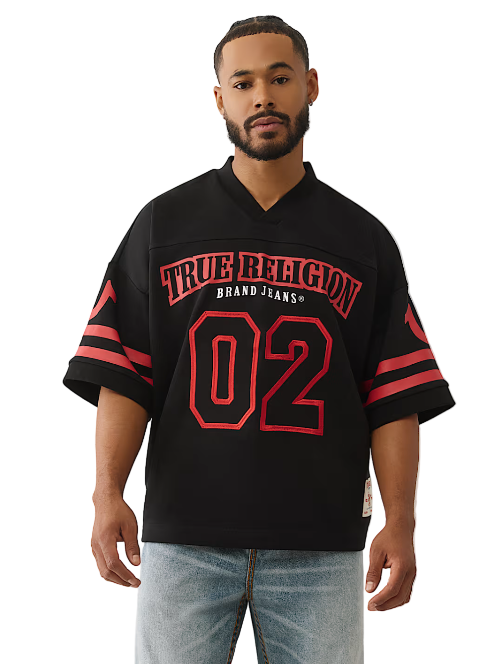 Man wearing a black jersey with red text and numbers on a white background