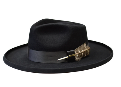 Black fedora hat with a decorative band and feather on a white background