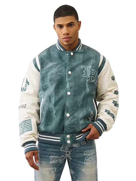 True Religion Denim Print Retro Varsity Jacket