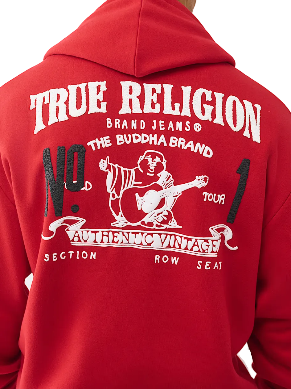 Red hoodie with 'True Religion' branding on the back