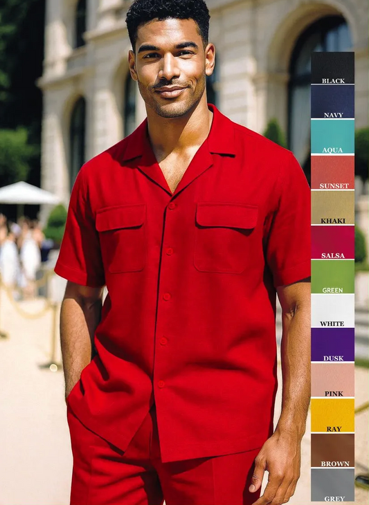 Man wearing a red linen set with color swatches on the side, outdoors.