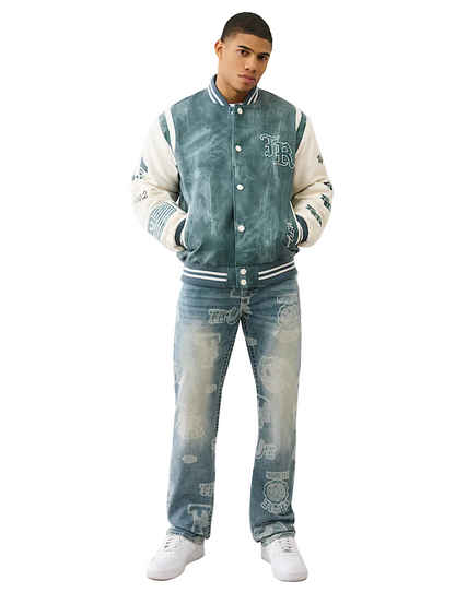 True Religion Denim Print Retro Varsity Jacket