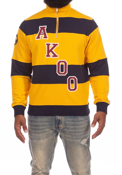 AKOO Creed Fleece in Old Gold with navy stripes front view
