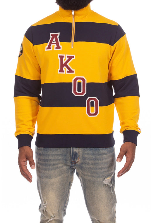 AKOO Creed Fleece in Old Gold with navy stripes front view