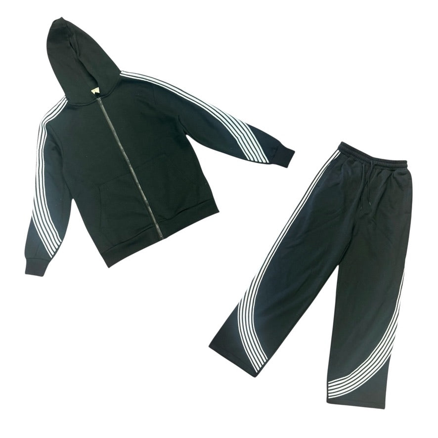 Blind Trust BTF24013 and BTF24019 fleece sweatsuit in Black and White, zip hoodie and striped baggy pants