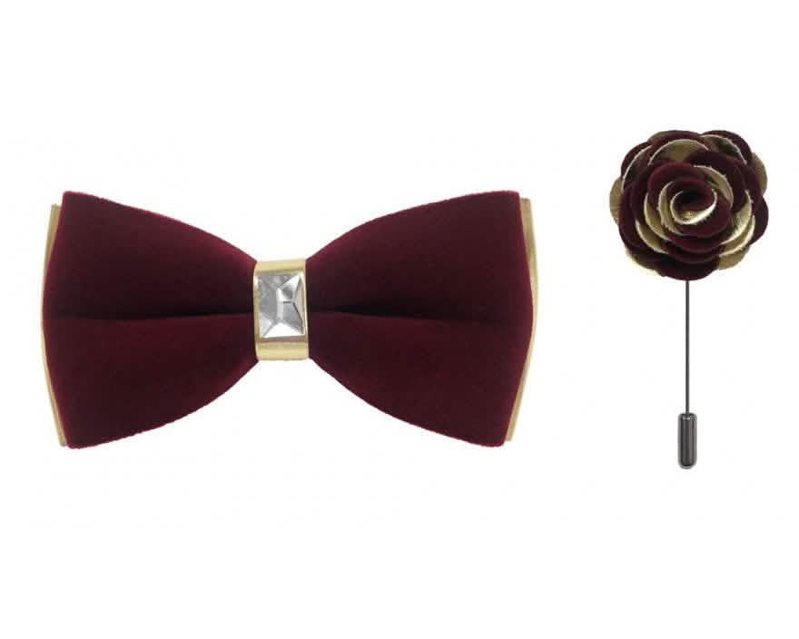Brand Q Gold Two Toned Velvet Bow Ties with Matching Pin Lapels