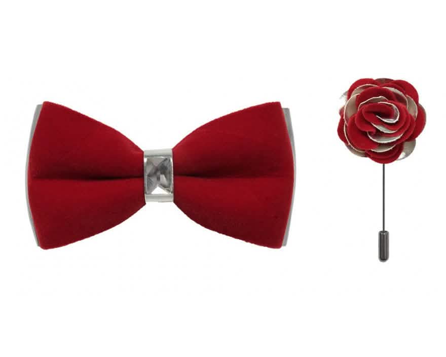Brand Q Silver Two Toned Velvet Bow Ties with Matching Pin Lapels