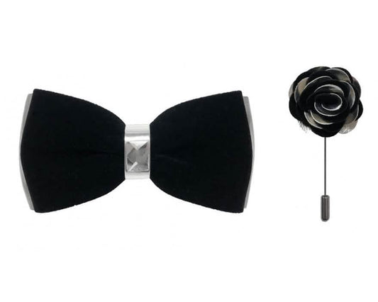 Brand Q Silver Two Toned Velvet Bow Ties with Matching Pin Lapels