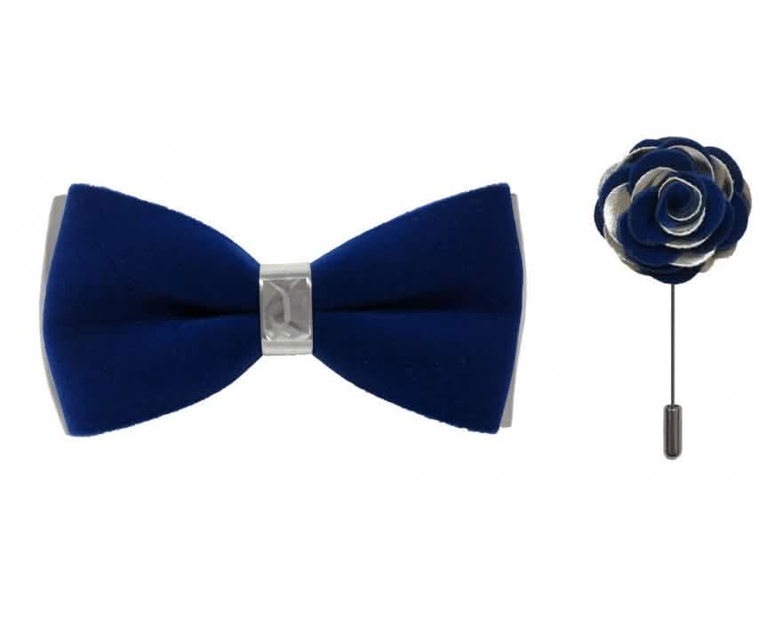Brand Q Silver Two Toned Velvet Bow Ties with Matching Pin Lapels