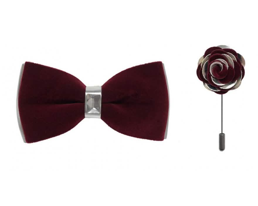 Brand Q Silver Two Toned Velvet Bow Ties with Matching Pin Lapels