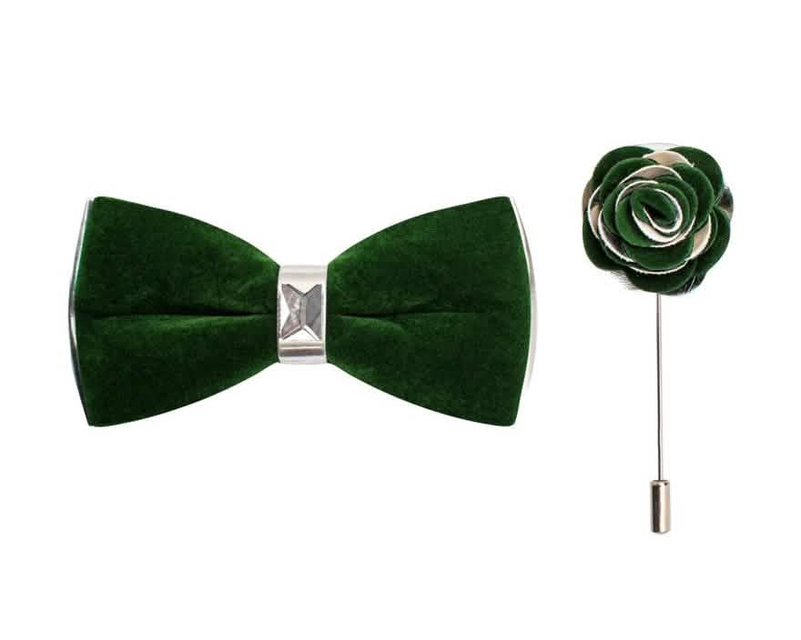 Brand Q Silver Two Toned Velvet Bow Ties with Matching Pin Lapels