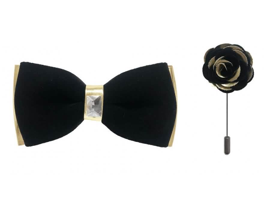 Brand Q Gold Two Toned Velvet Bow Ties with Matching Pin Lapels from On Time Fashions – Bow Tie with Pin by Brand Q, Birmingham AL’s 1 fashion store and premier destination for streetwear, suits, kids fashion, and big & tall