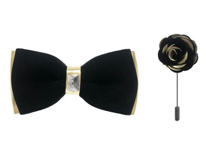 Brand Q Gold Two Toned Velvet Bow Ties with Matching Pin Lapels from On Time Fashions – Bow Tie with Pin by Brand Q, Birmingham AL’s 1 fashion store and premier destination for streetwear, suits, kids fashion, and big & tall