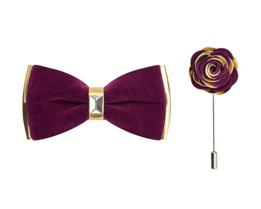 Brand Q Gold Two Toned Velvet Bow Ties with Matching Pin Lapels from On Time Fashions – Bow Tie with Pin by Brand Q, Birmingham AL’s 1 fashion store and premier destination for streetwear, suits, kids fashion, and big & tall
