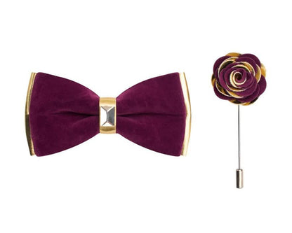Brand Q Gold Two Toned Velvet Bow Ties with Matching Pin Lapels from On Time Fashions – Bow Tie with Pin by Brand Q, Birmingham AL’s 1 fashion store and premier destination for streetwear, suits, kids fashion, and big & tall