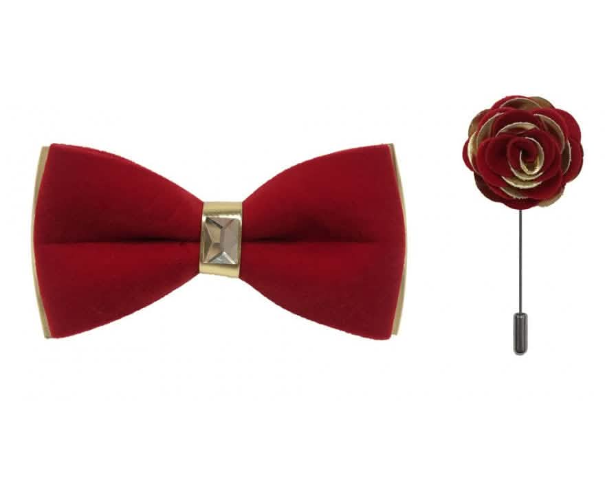 Brand Q Gold Two Toned Velvet Bow Ties with Matching Pin Lapels from On Time Fashions – Bow Tie with Pin by Brand Q, Birmingham AL’s 1 fashion store and premier destination for streetwear, suits, kids fashion, and big & tall