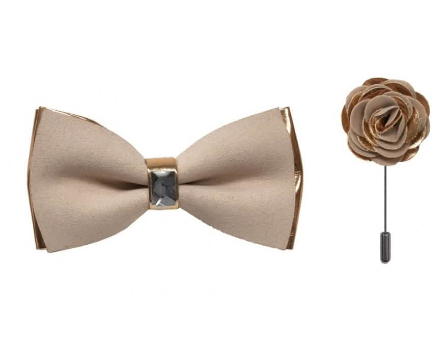 Brand Q Rose Gold Two Toned Velvet Bow Ties with Matching Pin Lapels from On Time Fashions – Bow Tie with Pin by Brand Q, Birmingham AL’s 1 fashion store and premier destination for streetwear, suits, kids fashion, and big & tall