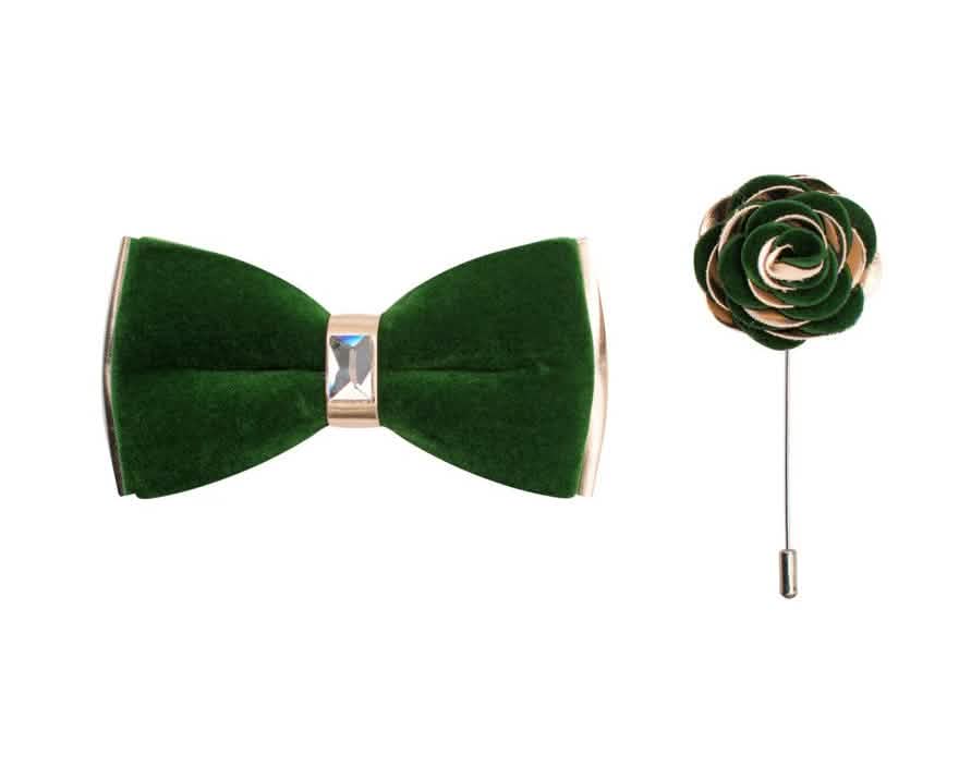 Brand Q Rose Gold Two Toned Velvet Bow Ties with Matching Pin Lapels from On Time Fashions – Bow Tie with Pin by Brand Q, Birmingham AL’s 1 fashion store and premier destination for streetwear, suits, kids fashion, and big & tall