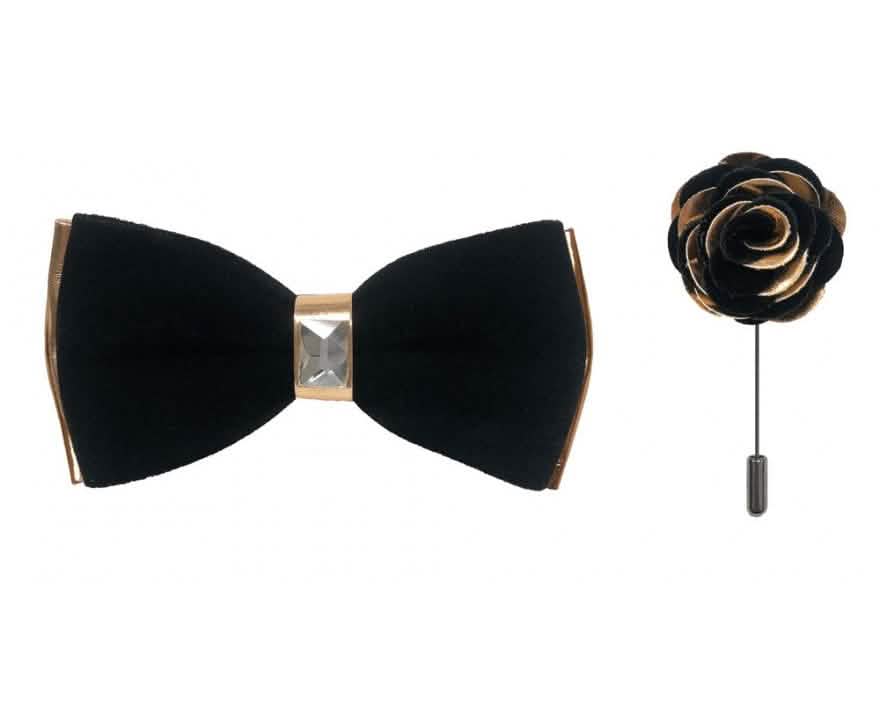 Brand Q Rose Gold Two Toned Velvet Bow Ties with Matching Pin Lapels from On Time Fashions – Bow Tie with Pin by Brand Q, Birmingham AL’s 1 fashion store and premier destination for streetwear, suits, kids fashion, and big & tall