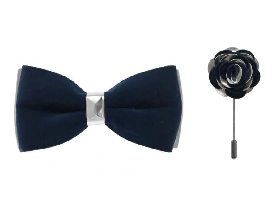 Brand Q Silver Two Toned Velvet Bow Ties with Matching Pin Lapels by Brand Q