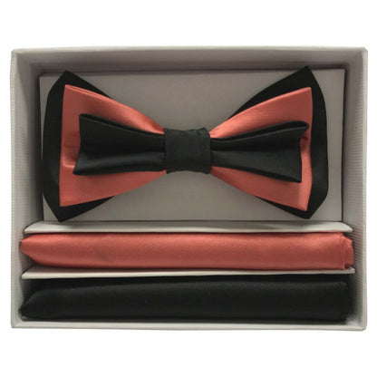 Coral and black bow tie with matching pocket square in a box on a white background