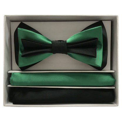 Green and black bow tie set in a box on a white background