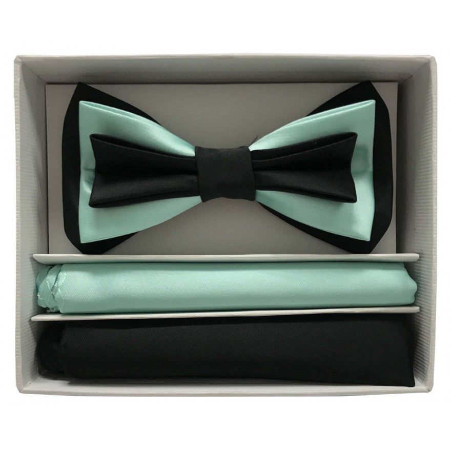 Black and mint green bow tie set in a box