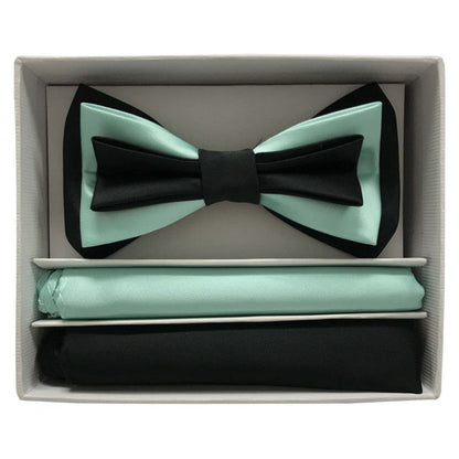 Black and mint green bow tie set in a box
