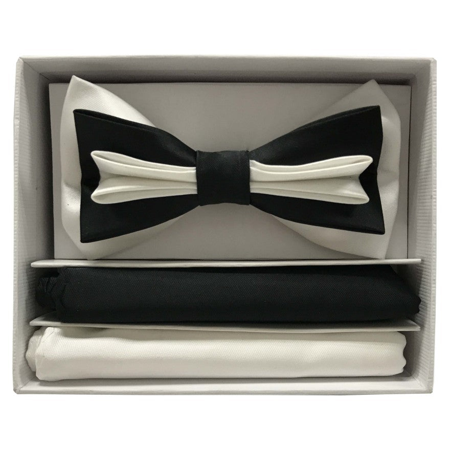 Black and white bow tie set in a box on a white background