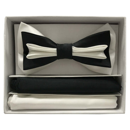 Black and white bow tie set in a box on a white background