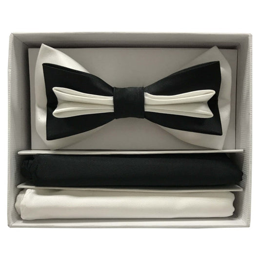 Black and white bow tie set in a box on a white background