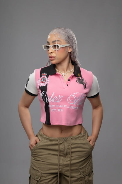Celez Hills women's cropped Lifestyle Polo in Pink, model photo