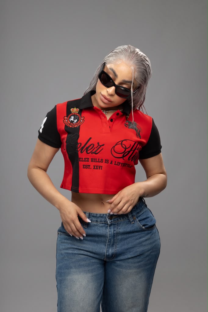 Celez Hills women's cropped Lifestyle Polo in Red, model photo
