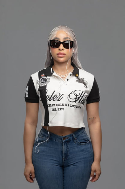 Celez Hills women's cropped Lifestyle Polo in White, model photo