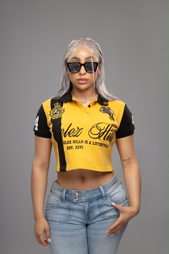 Celez Hills women's cropped Lifestyle Polo in Yellow, model photo