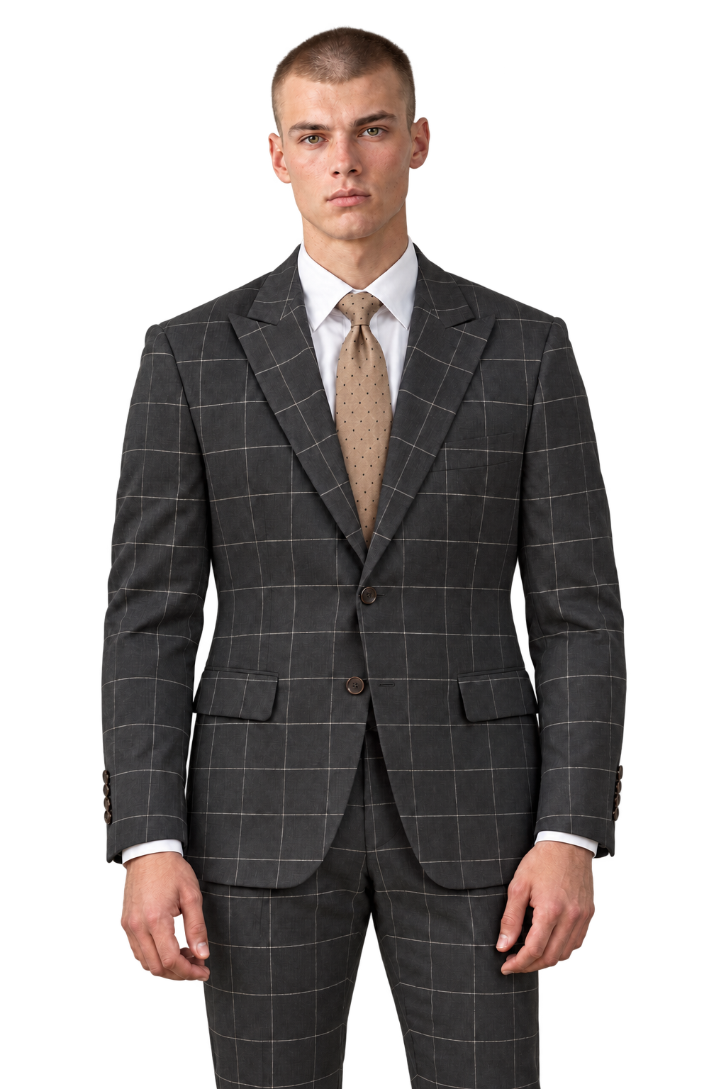 Celine by Statement 7852 black windowpane suit with champagne dotted tie
