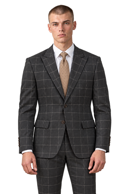 Celine by Statement 7852 black windowpane suit with champagne dotted tie