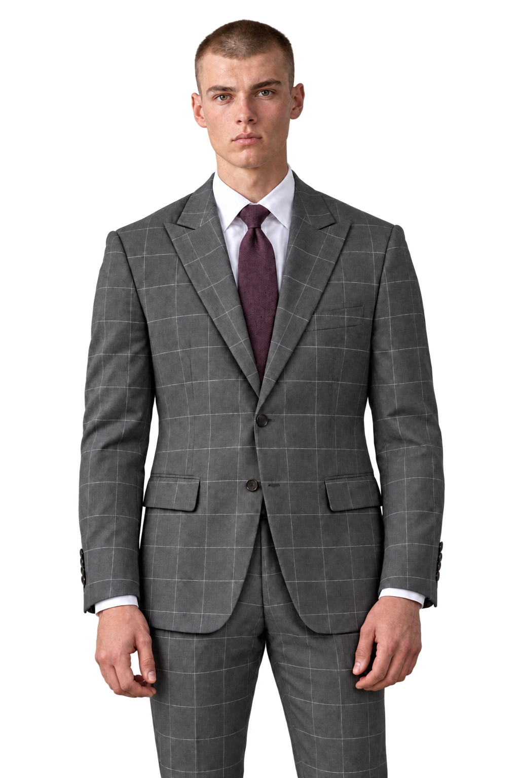 Celine by Statement 7852 charcoal windowpane suit with plum tie