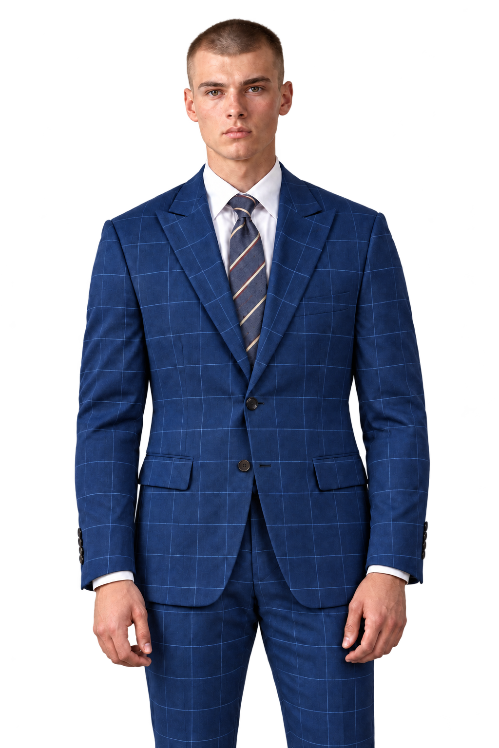 Celine by Statement 7852 blue windowpane suit with slate striped tie