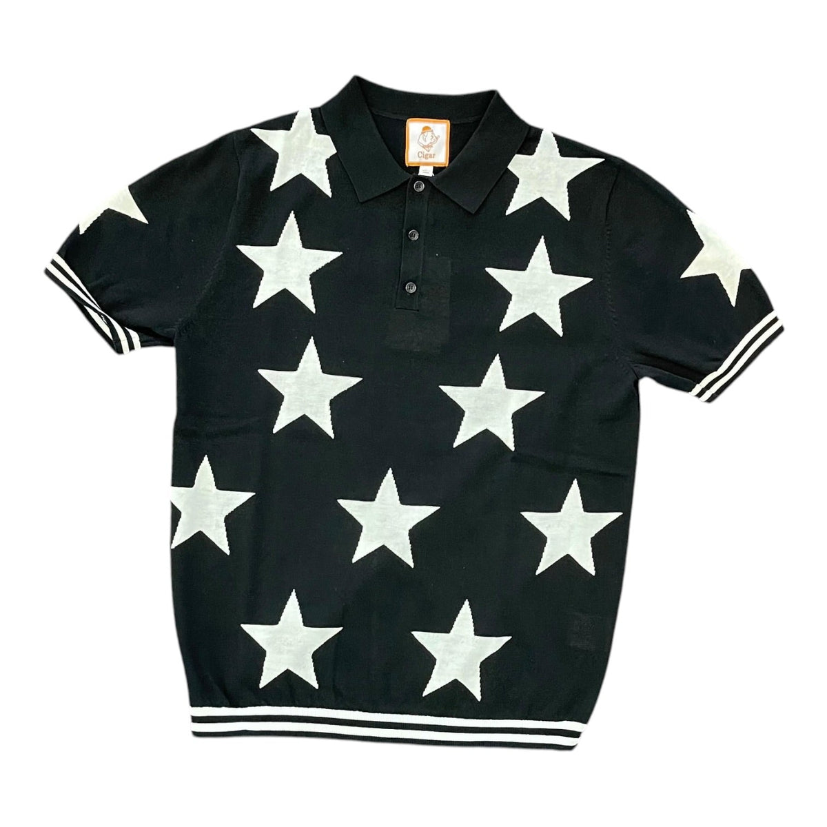 Cigar Couture PJ-1610 short-sleeve knit polo in black with white stars and striped trim, front view