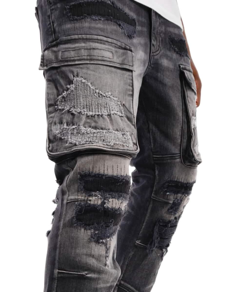 Copper Rivet Rip and Repair Cargo Jean from On Time Fashions – Jeans by Copper Rivet, Birmingham AL’s 1 fashion store and premier destination for streetwear, suits, kids fashion, and big & tall
