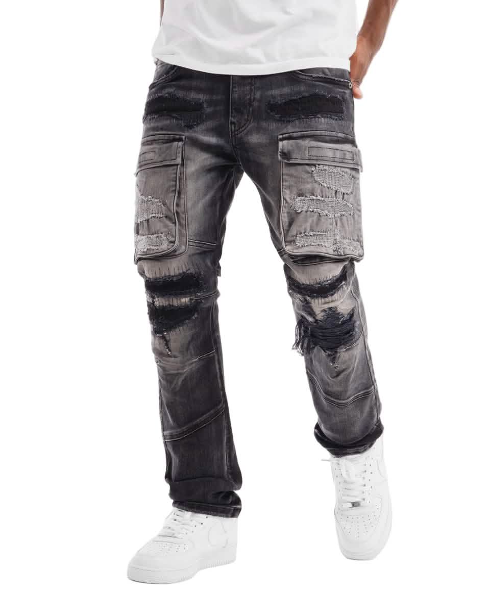Copper Rivet Rip and Repair Cargo Jean from On Time Fashions – Jeans by Copper Rivet, Birmingham AL’s 1 fashion store and premier destination for streetwear, suits, kids fashion, and big & tall