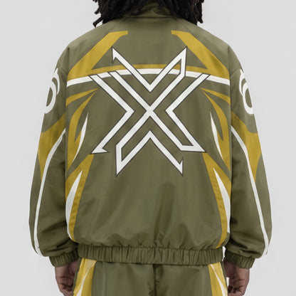CRXSSCUT Crossfire nylon jacket in olive and yellow with white X graphic, back view on model