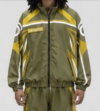 CRXSSCUT Crossfire nylon jacket in olive and yellow with white graphics, front view on model