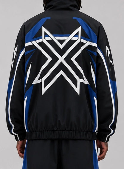 CRXSSCUT Velocity nylon jacket and pants set in black/blue, jacket back view