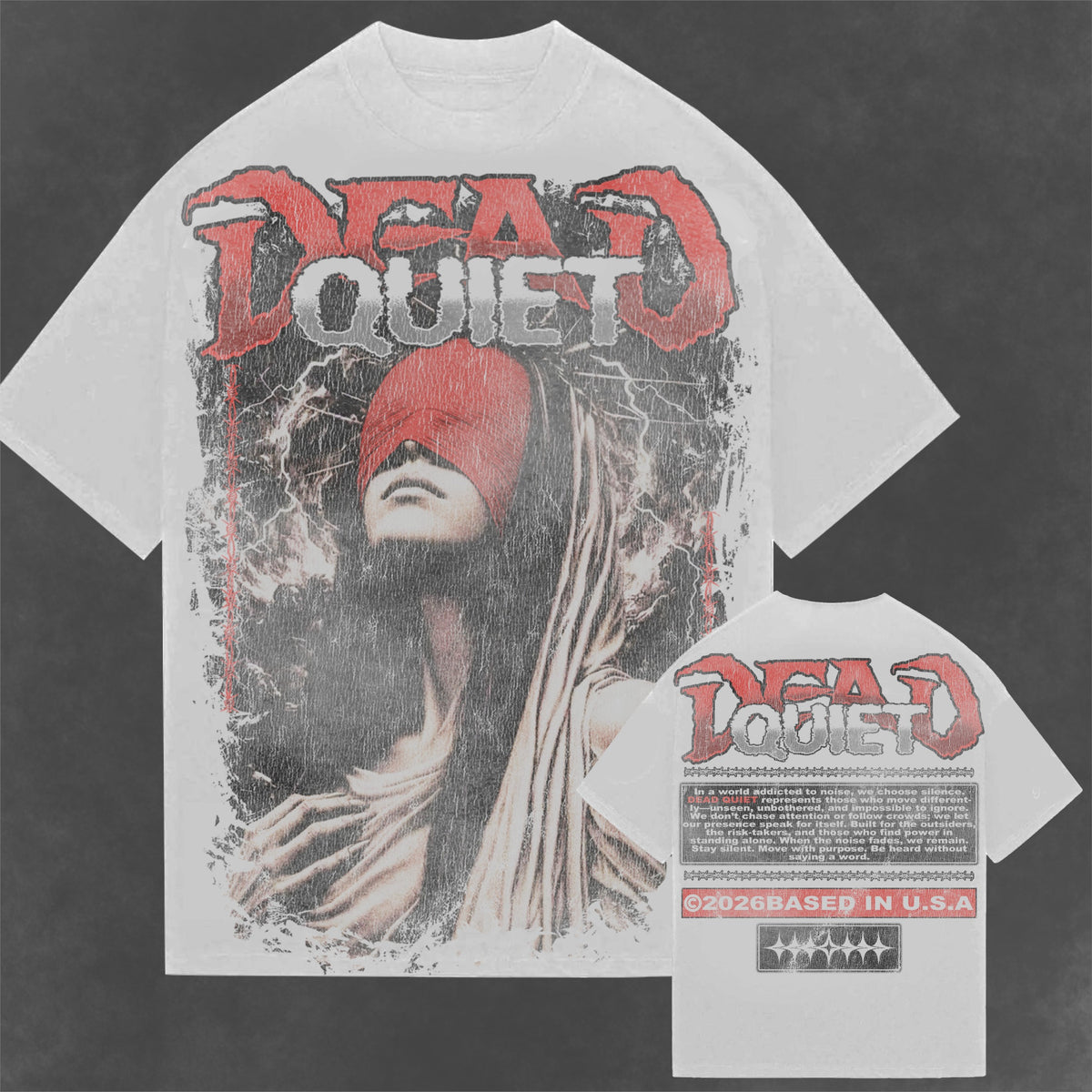 DEADQUIET Represents Tee in White, showing front and back graphics