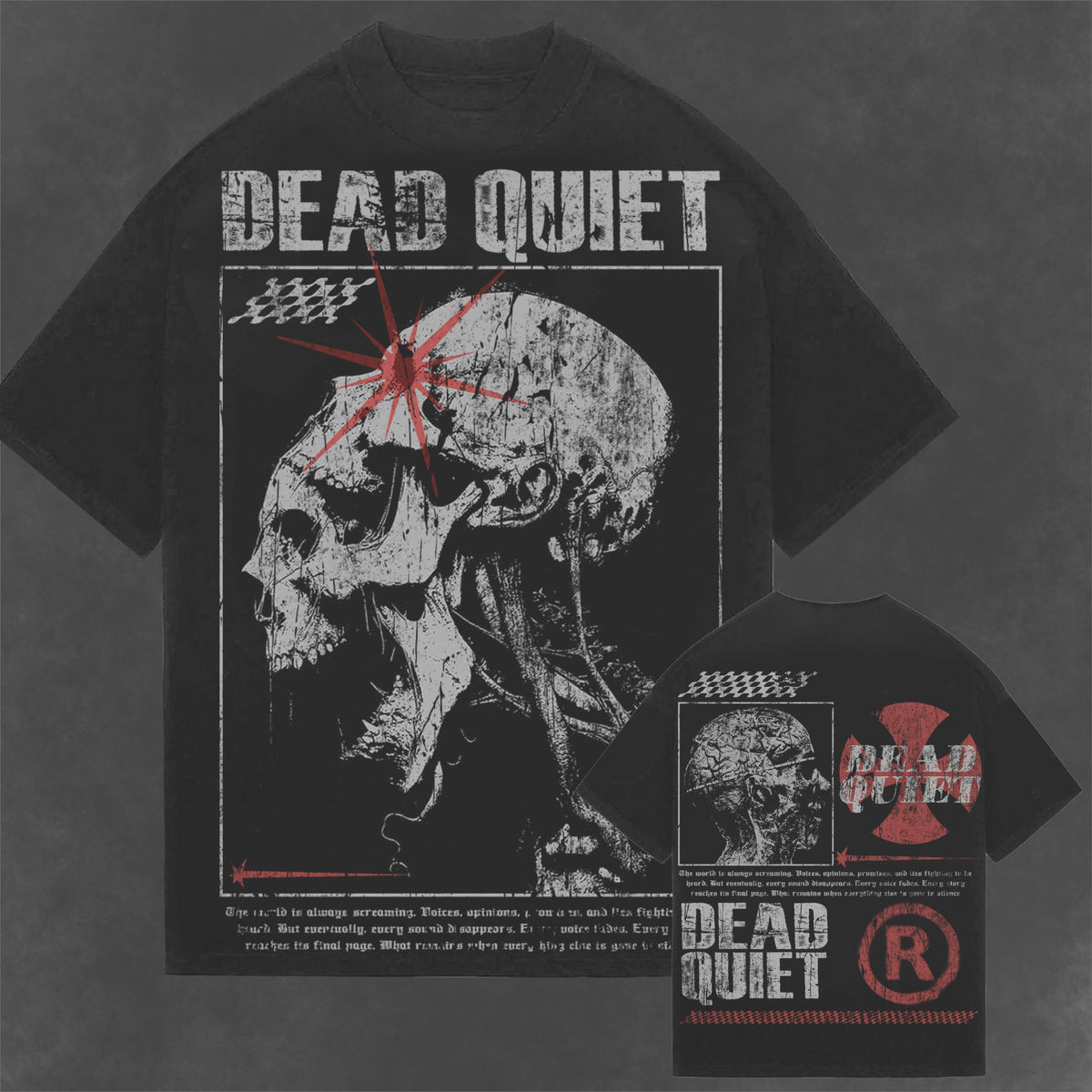 DEADQUIET Skull Screams Tee in Black Enzyme, showing front and back graphics